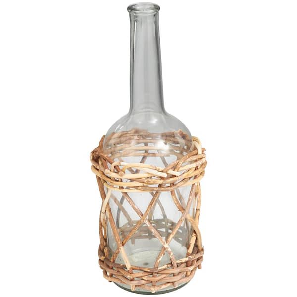 Litton Lane Clear Handmade Glass Decorative Vase with Brown Rattan Woven Lower Body