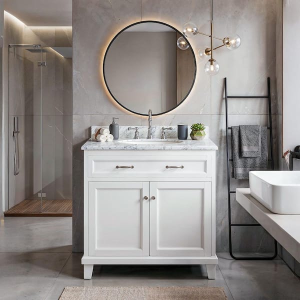 36 In. W x 22.4 In. D x 35 In. H Freestanding Bathroom Vanity in White with Solid Wood and Carrara Marble Top