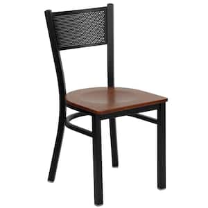 Hercules Series Black Grid Back Metal Restaurant Chair with Cherry Wood Seat