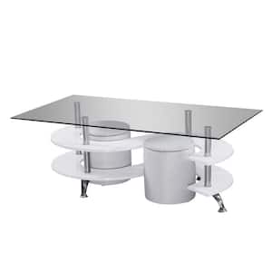 Jimmy 51" White Rectangle Glass Coffee Table with 2 Stools.