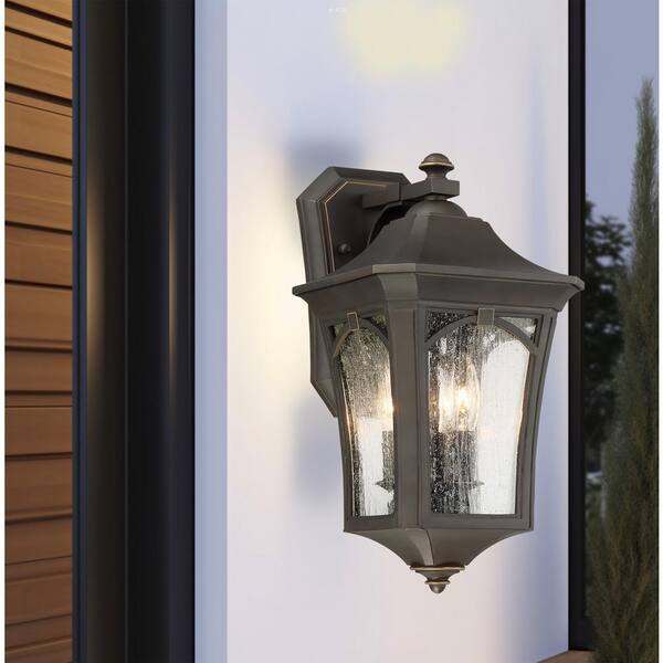 the great outdoors by Minka Lavery - Solida 3-Light Oil Rubbed Bronze with Gold Highlights Outdoor Wall Lantern Sconce with Clear Seeded Glass