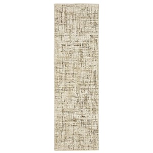 Ross Ivory/Brown 2 ft. x 8 ft. Distressed Abstract Gridwork Polypropylene/Polyester Fringed Indoor Runner Area Rug