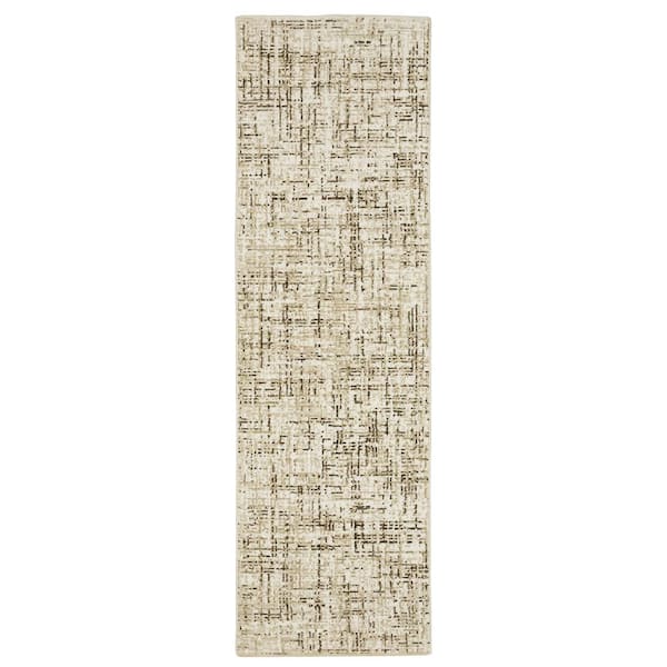 AVERLEY HOME Ross Ivory/Brown 2 ft. x 8 ft. Distressed Abstract Gridwork Polypropylene/Polyester Fringed Indoor Runner Area Rug