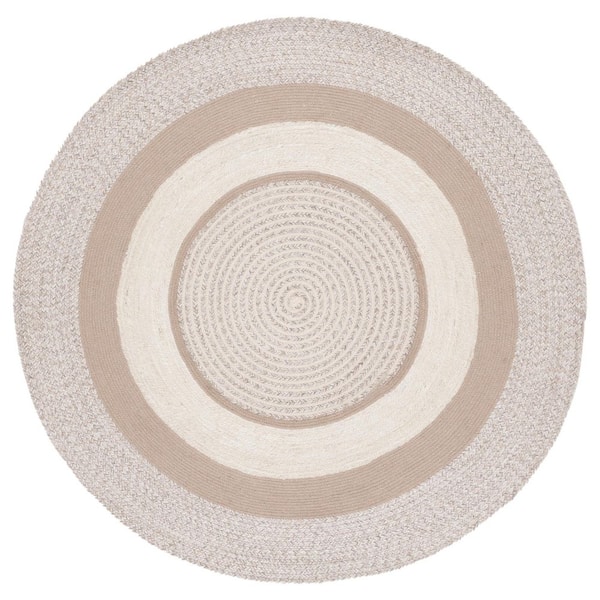 Braided 6 ft. x 6 ft. Round Beige/Ivory Farmhouse Braided Rings Area Rug