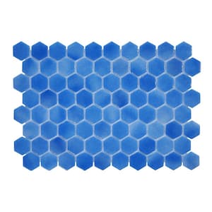 Glass Tile LOVE Familiar Blue 11 in. X 16.325 in. Hex Glossy Glass Mosaic Tile for Walls, Floors and Pools