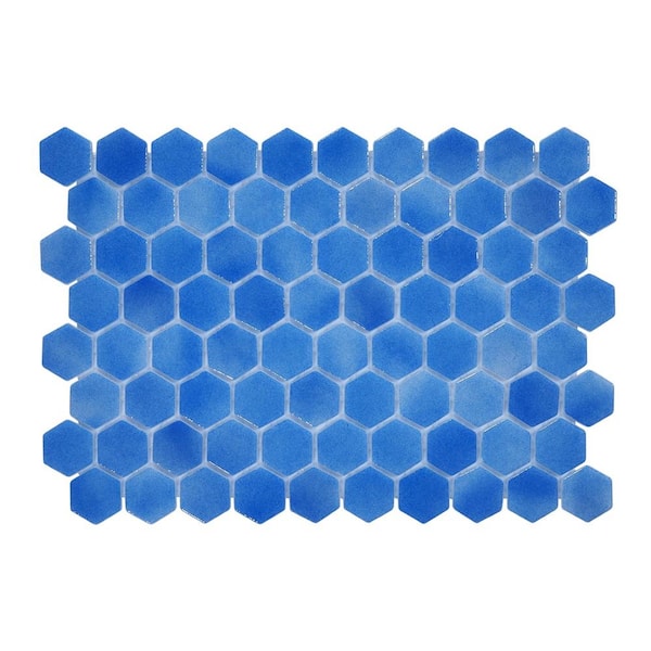 The Tile Doctor Glass Tile LOVE Familiar Blue 11 in. X 16.325 in. Hex Glossy Glass Mosaic Tile for Walls, Floors and Pools