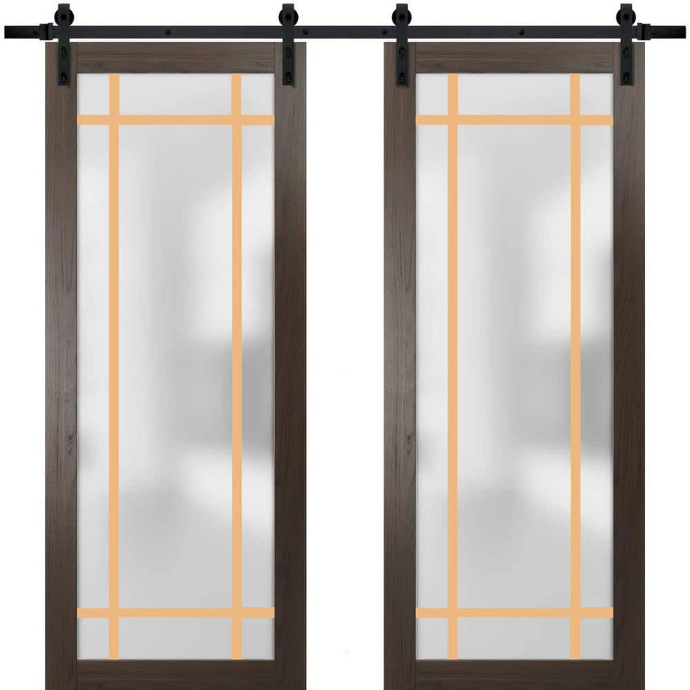 Assemble Required 28 in. x 80 in. 2-Panel Frosted Glass Chocolate Ash Solid Wood Sliding Barn Door with Hardware Kit price history on PriceWatchPro
