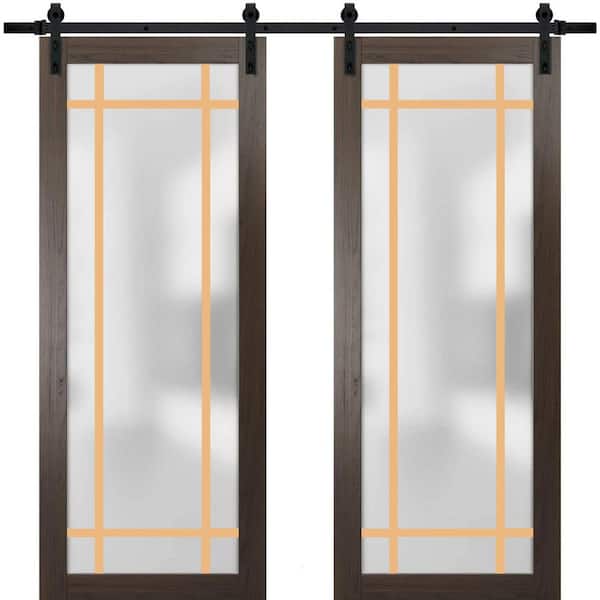 Sartodoors 28 in. x 80 in. 2 Panel Frosted Glass Chocolate Ash Solid Wood Sliding Barn Door with Hardware Kit