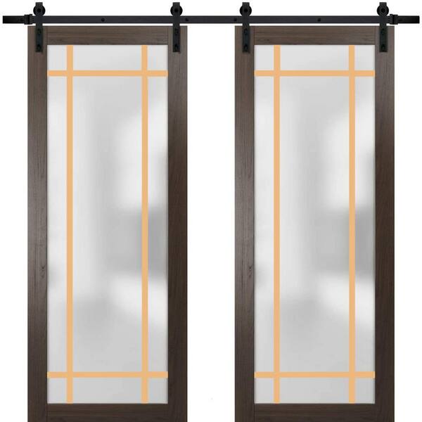 Sartodoors 32 in. x 80 in. 2 Panel Frosted Glass Chocolate Ash Solid Wood Sliding Barn Door with Hardware Kit