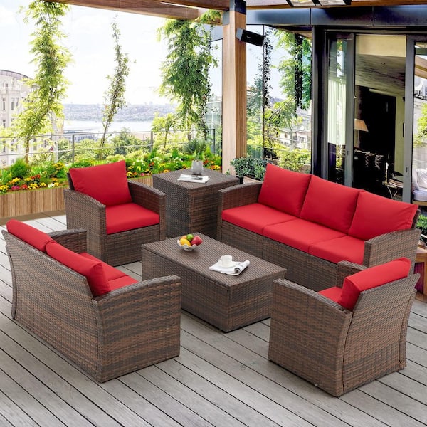 Zeus & Ruta 7-Piece Brown Wicker Patio Conversation Set with Red Cushions Coffee Table and Storage Box