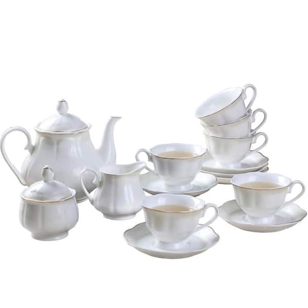 15-pcs Off White Embossed Porcelain Tea Set with Gold Trim, Classic Style, Dishwasher Safe, Not Microwave Safe