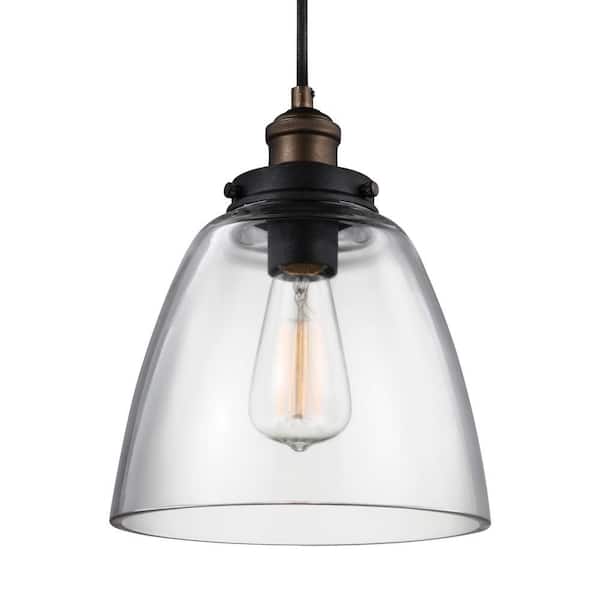 Generation Lighting Baskin 9 in. W 1-Light Painted Aged Brass/Dark Weathered Zinc Rustic Clear Glass Dome Pendant with Adjustable Cloth Cord