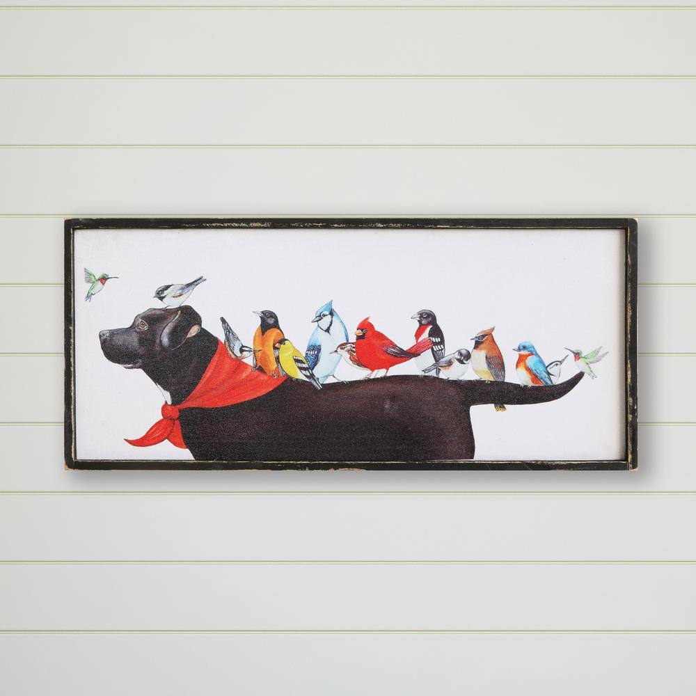 Whimsical Birds on Dog Canvas Wall Art with Wood Frame