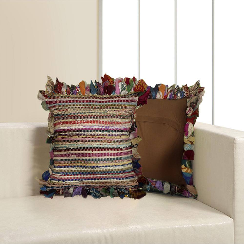 Multicolor Striped Hand-Woven Chindi Floor Pillow, 26" x 26"