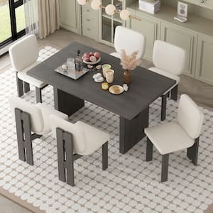 7-Piece Gray MDF Top Rectangular Dining Set with 6 Upholstered Chairs