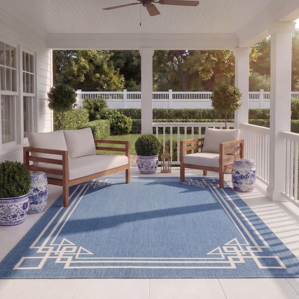 Courtyard Blue/Light Beige 8 ft. x 11 ft. Solid Geometric Border Indoor/Outdoor Area Rug