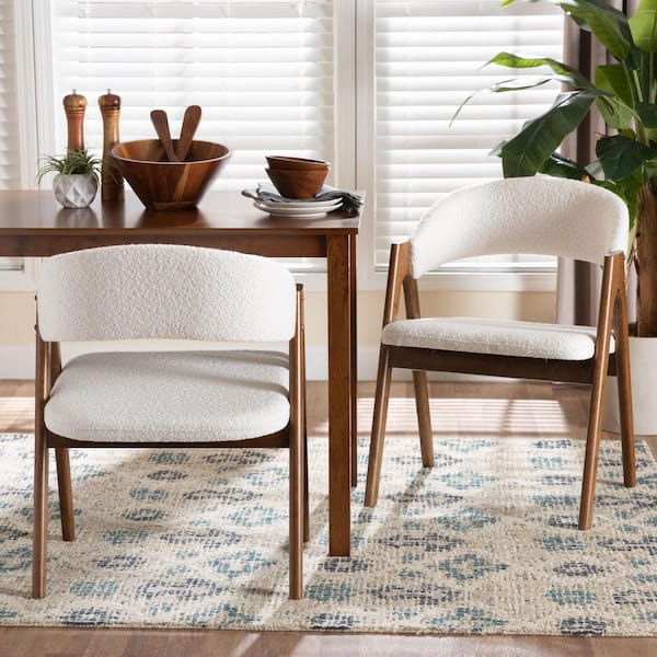 Virden White Boucle and Walnut Brown Wood Dining Chair (Set of 2)