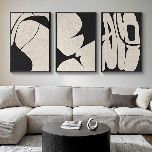 3 Piece Large Framed Neutral Abstract Wall Art Poster, Black and Beige ...