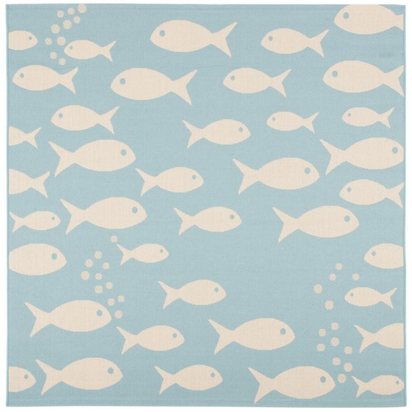 SAFAVIEH Courtyard Aqua/Beige 5 ft. x 5 ft. Novelty Fish Indoor/Outdoor Patio  Square Area Rug