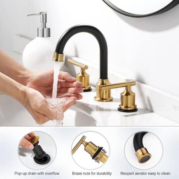 8 in. Widespread Double Handle High Arc Bathroom Faucet with Pop Up Drain and Supply Lines Included in Black and Gold
