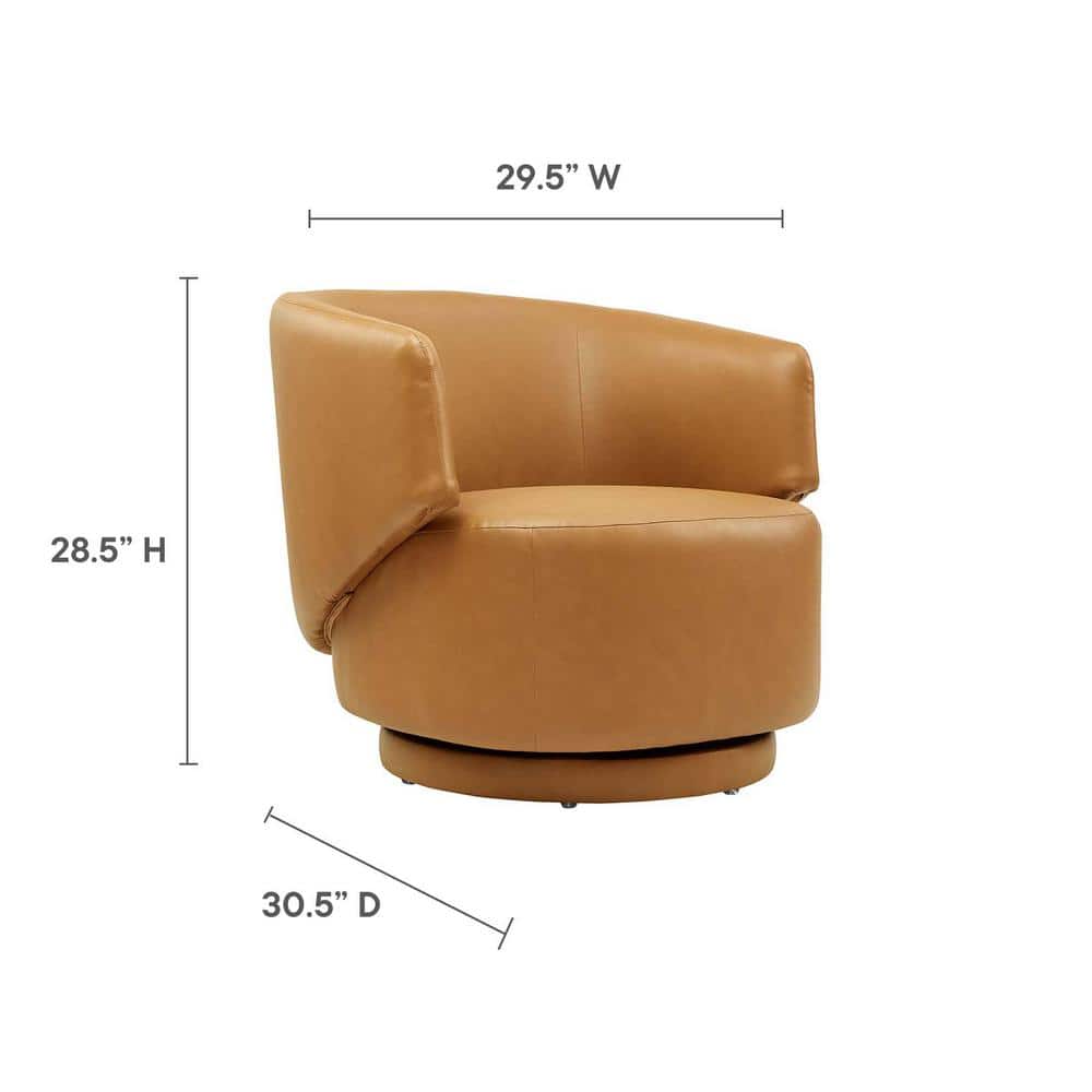 Tan Faux Leather Barrel Swivel Accent Chair with Wood Base