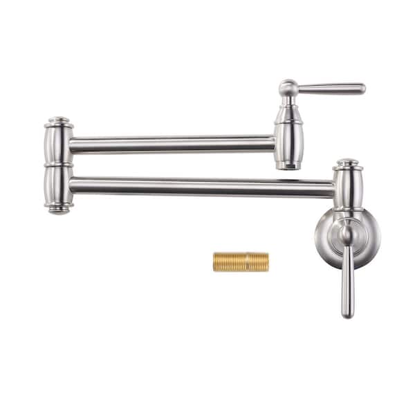 AVITAS Retro Wall Mounted Brass Pot Filler Stretchable Kitchen Faucet with Double Joint Swing Arm in Brushed Nickel