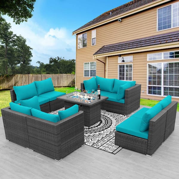 FINCATI 9 Piece Charcoal Wicker Patio Fire Pit Conversation Extra Large Sectional Deep Seating Sofa Set with Teal Cushions
