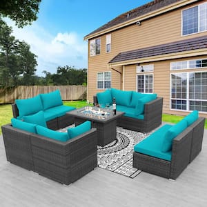 9 Piece Charcoal Wicker Patio Fire Pit Conversation Extra Large Sectional Deep Seating Sofa Set with Teal Cushions