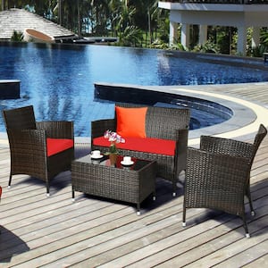 Brown 4-Piece Wicker Patio Conversation Set with Red Cushions