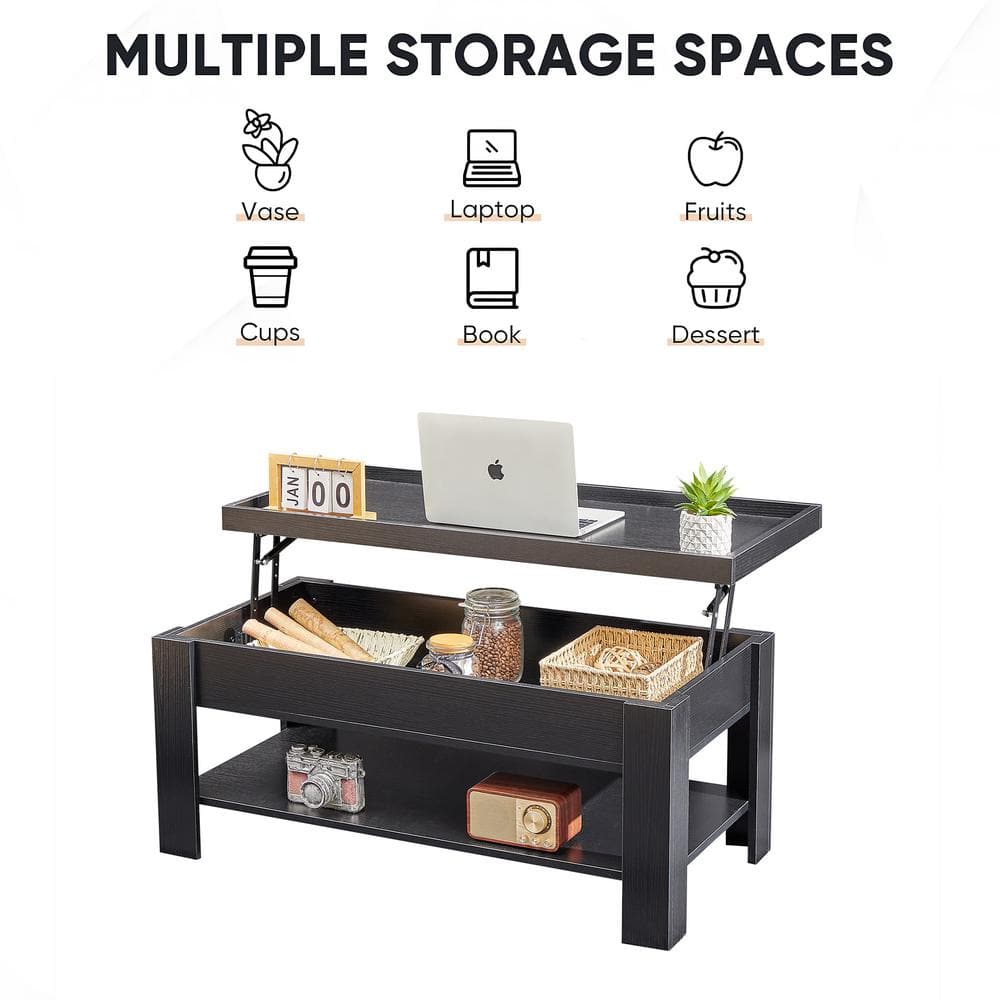 Black Metal and Wood Lift-Top Rectangular Coffee Table