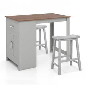 3 Pieces Bar Table Set Pub Dining Table with Saddle Stools and Storage Cabinet Grey