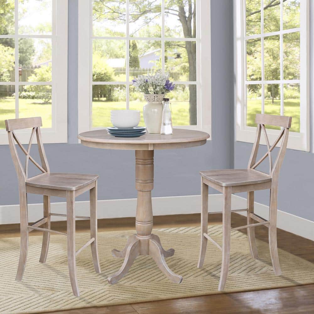 Weathered Gray Solid Wood Bar Height Dining Set with Round Pedestal Table and Cross Back Stools