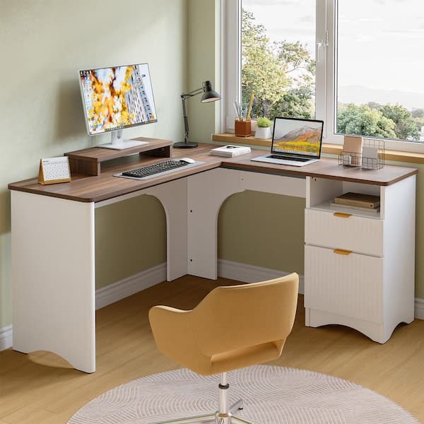 55 in. White and Walnut L-Shaped Home Office Desk with Monitor Stand, File Drawer and Open Cubby Storage