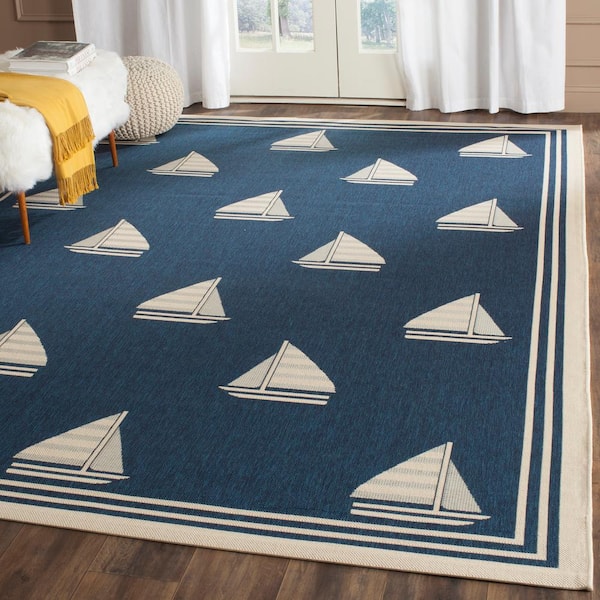 Courtyard Navy/Beige 7 ft. x 7 ft. Border Sailor Indoor/Outdoor Square Area Rug