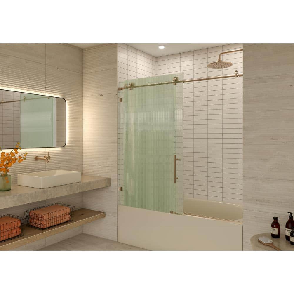 Galaxy 60" Frameless Fluted Glass Sliding Bathtub Door in Brushed Bronze