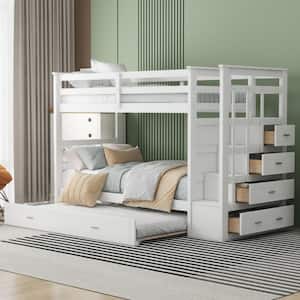 White Twin Over Twin Wood Bunk Bed with Trundle and Storage Staircase