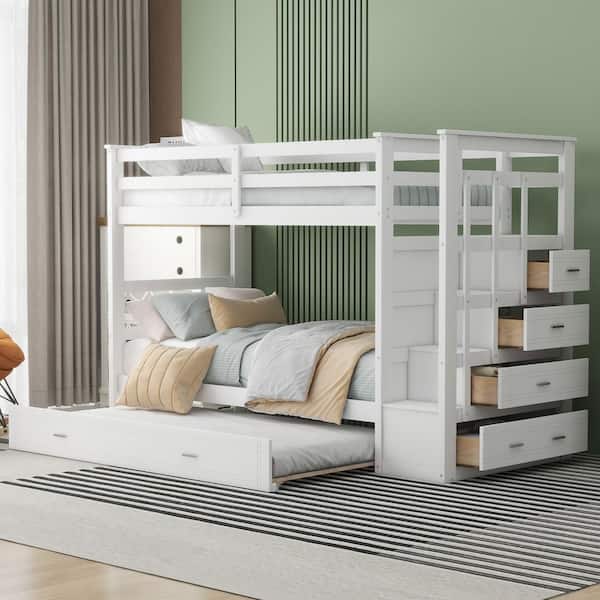 Harper & Bright Designs White Twin Over Twin Wood Bunk Bed with Trundle and Storage Staircase