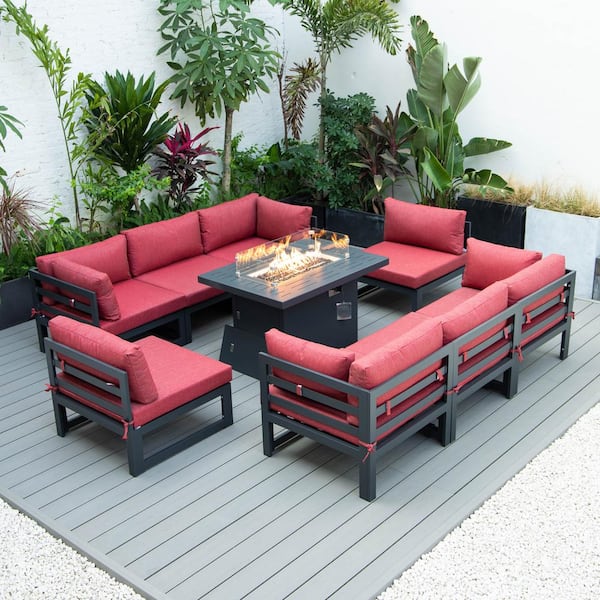 Leisuremod Chelsea Black 9-Peice Aluminum Sectional and Patio Fire Pit Set with Red Cushions