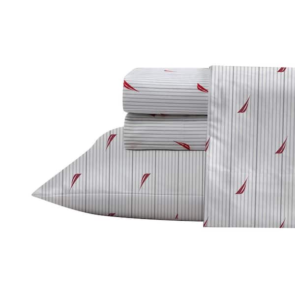Nautica Audley Stripe 3-Piece Red Cotton Twin Sheet Set