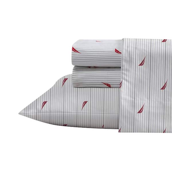 Nautica Audley Stripe 4-Piece Red Cotton Queen Sheet Set