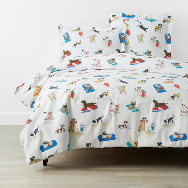 The Company Store Company Cotton Sandcastle Dog White Multi Twin XL Cotton Percale Duvet Cover
