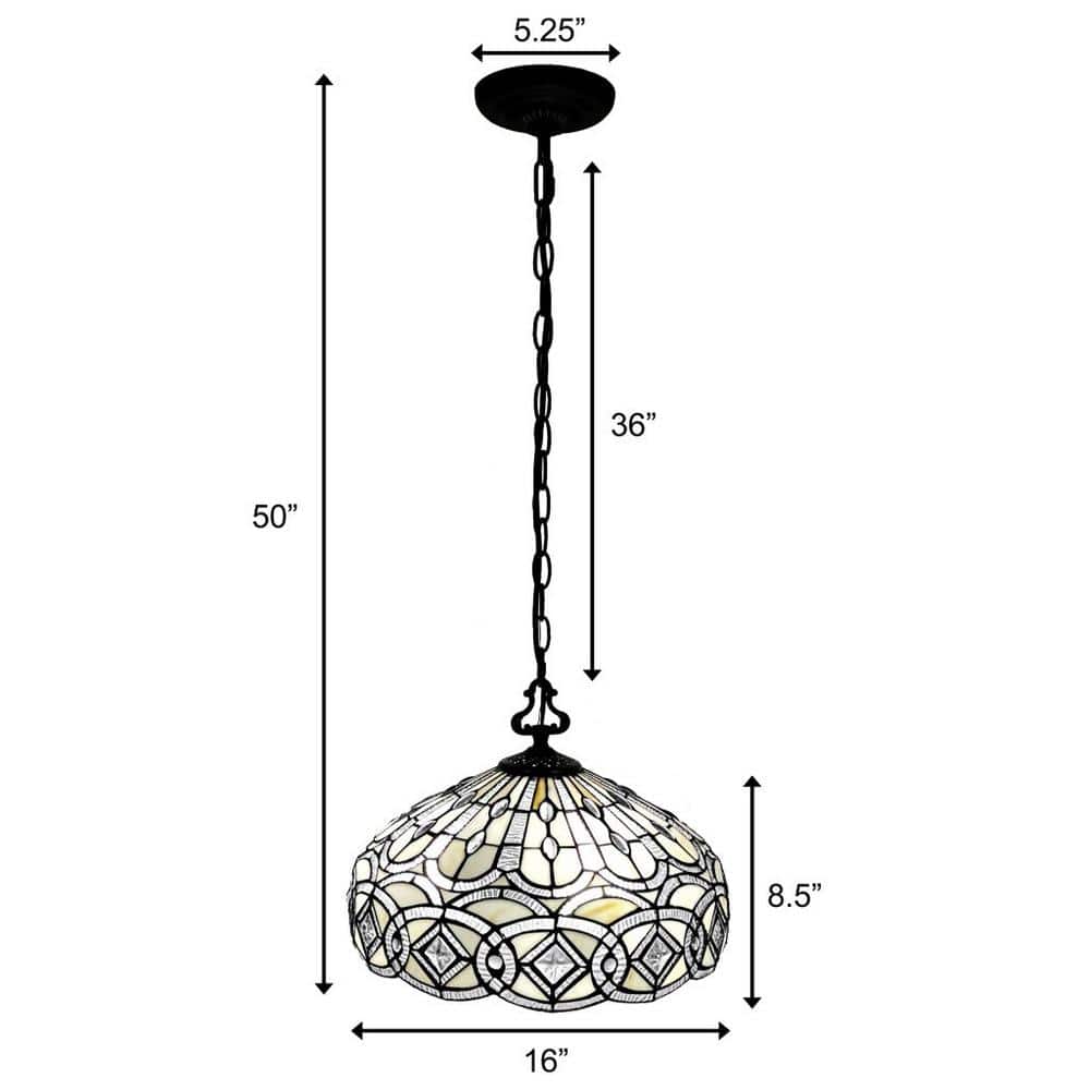 16" White and Brown Stained Glass Tiffany Style Hanging Lamp