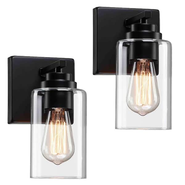 4.8 in. 1-Light Matte Black Vanity Light with Clear Glass Shades (2-Pack)