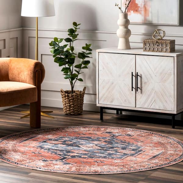 Medallion Machine Washable Brick 6 ft. Persian Round Rug