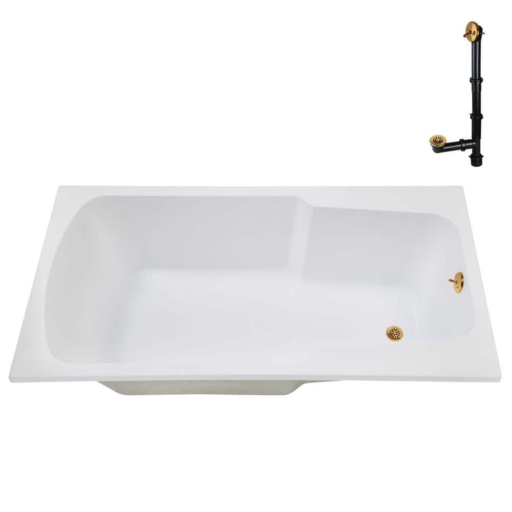72'' Glossy White Acrylic Soaking Drop-In Bathtub with Brushed Gold Hardware