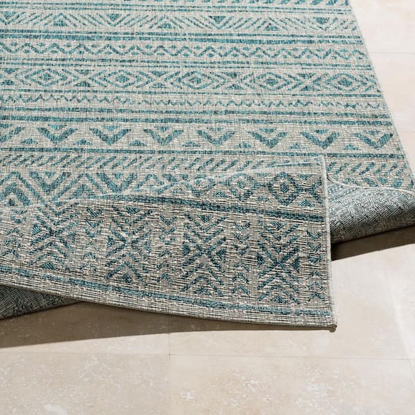Eartha Aqua/Taupe 6 ft. 7 in. x 6 ft. 7 in. Round Trellis Indoor/Outdoor Patio Area Rug
