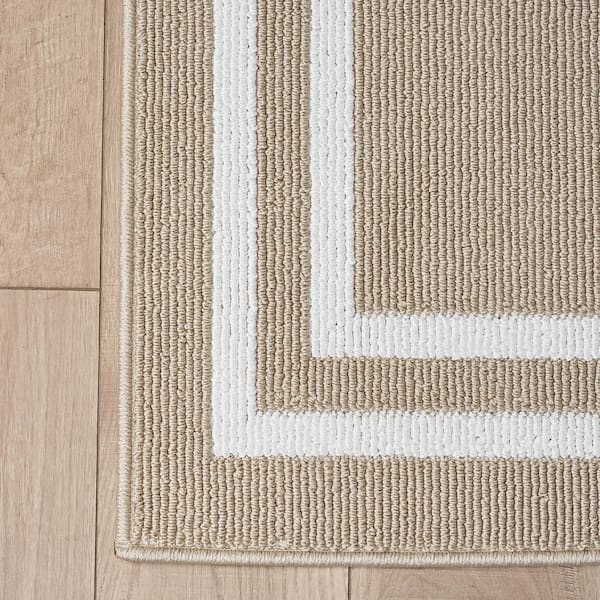 Double Line Beige/White 2 ft. x 4 ft. Tufted Border Polypropylene Accent Rug