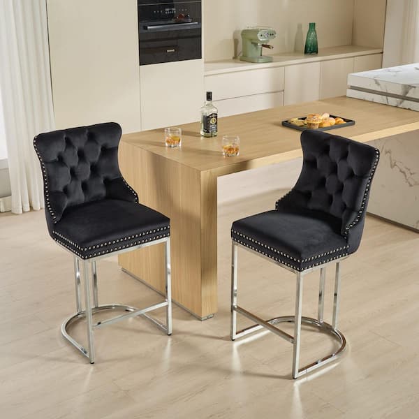 26 in. Black Velvet Counter Height Swivel Barstools with Button Back for Kitchen and Dining Room (Set of 2)