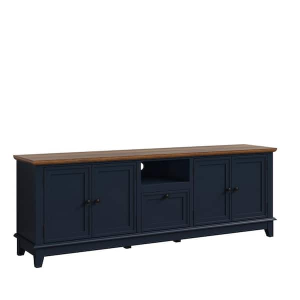 Elegant 72 in. Navy TV Stand with Natural Wood Color Cabinet Top Finish and Hidden Drawer Fits TV's Up to 75 in.