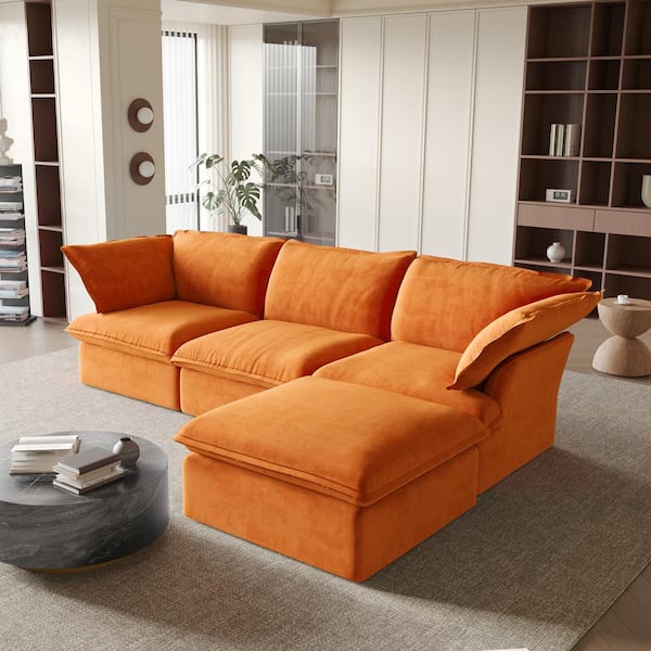 J&E Home 123 in. Orange Flared Arm 4-Piece Linen Modular Down-Filled Free Combination Sectional Sofa with Ottoman